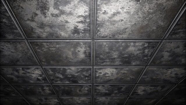 Grungy Textured Metal Ceiling Panels with Industrial Grid Pattern and Dramatic Lighting
