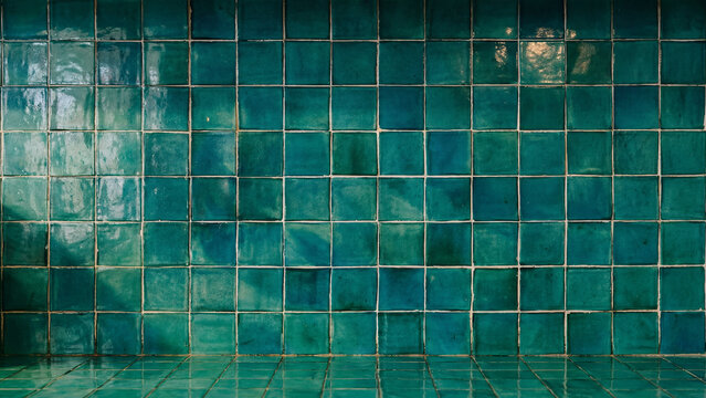 Green ceramic tile wall texture with copy space
