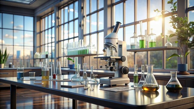 A lab with a microscope and a table with a few vials on it scene is scientific and focused