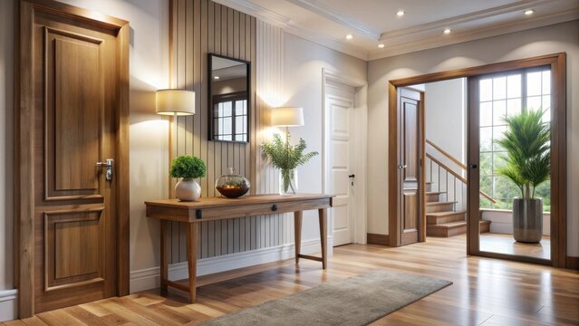 Bright interior design of modern entrance hall with door and wooden console table
