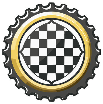 Circular racing emblem with checkered flag pattern and metallic border