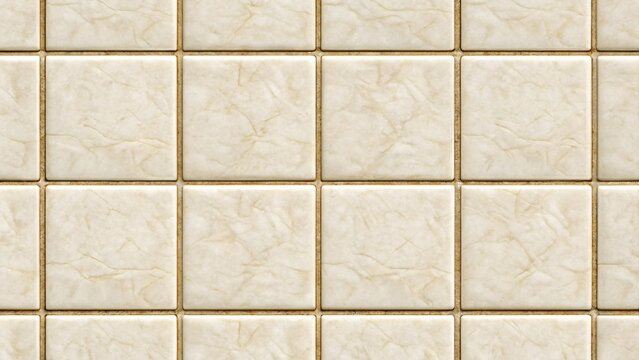 Close-up of a beige tiled wall with textured surface and grout lines