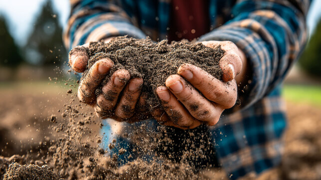 Farmer hands holding rich soil and dirt outdoors with agriculture gardening close