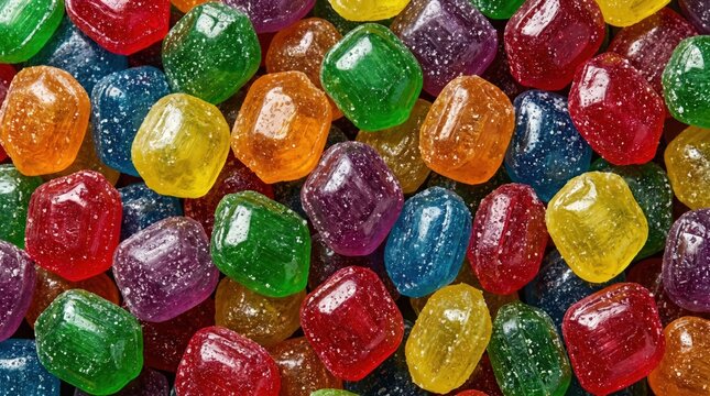 Vibrant assortment of multicolored hard candies featuring sparkling sugar coatings and glossy textures arranged in a dense abstract background pattern