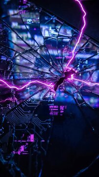 Broken glass tech circuit board electric energy with neon purple light creating futuristic dynamic vibes in dark digital background