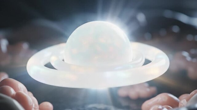 Opalescent Cellular Core Rotating with Glowing Nutrient Rings Macro Close-up 3D