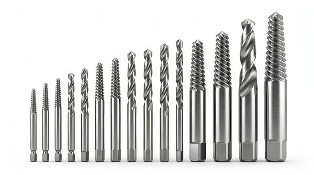 Set of metal drill bits and screw extractors in ascending size order