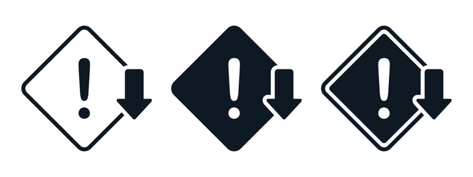 Low Importance Warning Icon with Exclamation Mark and Down Arrow. Work Priority. Vector Illustration