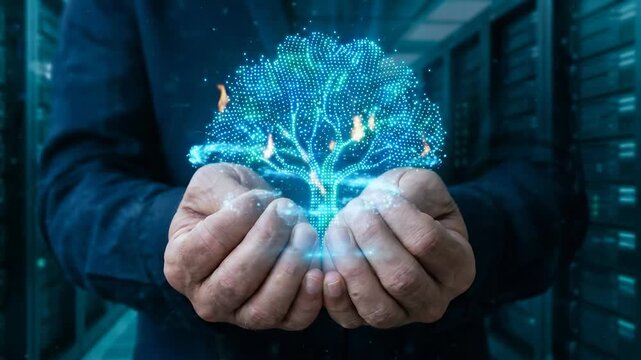 Digital tree glowing in hands with tech vibes symbolizing innovation, growth, and data in futuristic technology and digital environment