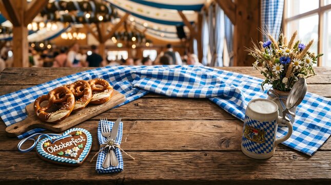 Octoberfest bavarian table setting pretzels beer and traditional decorations