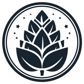 Stylized hop cone design emblem, vector illustration depicting brewery element in a circle with stars on white, craft beer ingredient logo