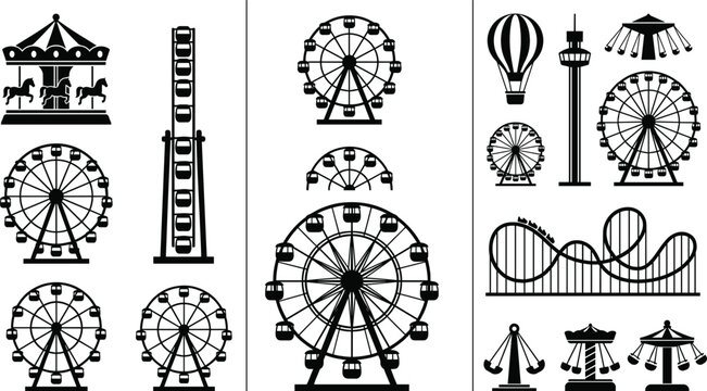 Amusement Park Attractions Silhouette Icon Set Featuring Ferris Wheels Carousel Roller Coaster and Hot Air Balloon Vector Elements