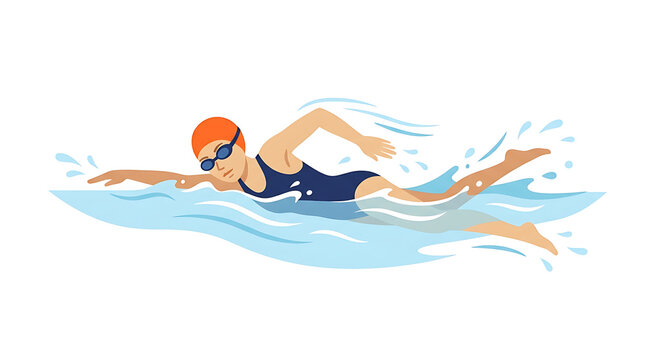 Swimming, woman in blue swimsuit and goggles, freestyle stroke, aquatic sports, fitness