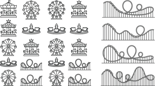 Amusement Park Amusement Rides Line Icon Set Featuring Roller Coasters Ferris Wheels Carousels and Spinning Teacups Vector Illustration