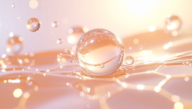 ゴールドの発光粒子が漂う高保湿スキンケアCG背景 ジェネレーティブAI