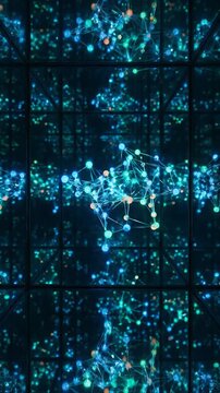 Futuristic digital network with glowing nodes and connections creates tech energy in dark space filled with interconnected lines and glowing points