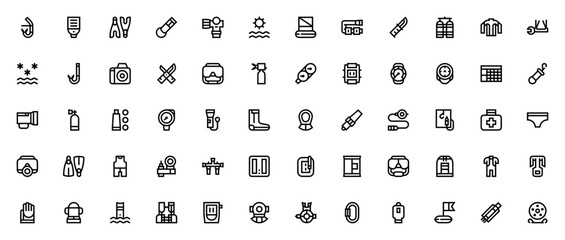 Diving elements and equipment icon set. Minimal vector icons pack. Includes snorkel, dive computer, flippers, whistle, valve, oxygen tank, goggles, knife, wetsuit, buoy, flashlight, gauge, compass, an © wang