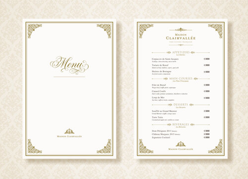 Luxury French Restaurant Menu Template - Elegant Vintage White & Gold Design
