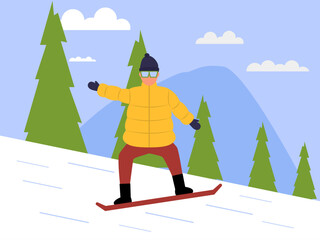 Fototapeta premium A person snowboarding down a snowy hill. Winter illustrations. Flat vector concepts.