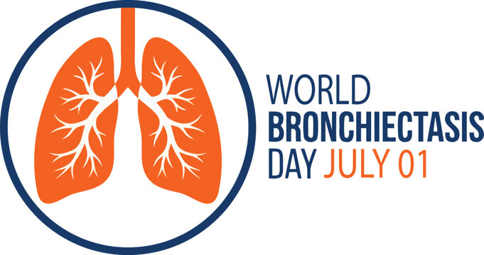 Bronchiectasis day awareness with orange human lungs inside a dark blue circle and bold typography indicating the date of july 01 on a white background