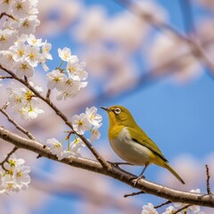 Fototapeta premium Vibrant Yellow Bird Perched on Cherry Blossom Branch.
