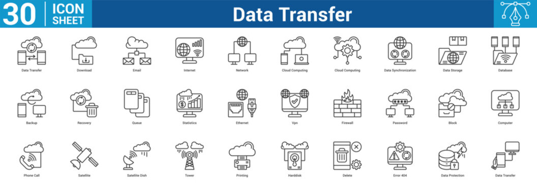 Data Transfer editable icon set vector illustration concept for business with icon of Data Transfer, Download, Email, Internet, Network, Cloud Computing, Cloud Computing, Data Synchronization, Dat.