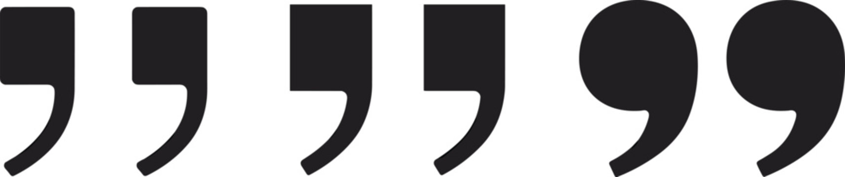 Black quotation marks commas collection, citation dialog punctuation speech elements, comment message blockquote symbols isolated white backgrounds,