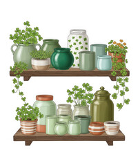 Fototapeta premium Collection of Green and White Jars and Pots with Clover Plants on Wooden Shelves