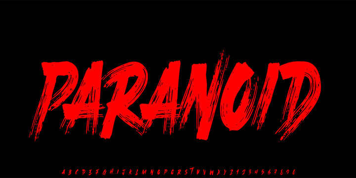 Paranoid display brush font with textured hand drawn alphabet and numbers for urban street style design