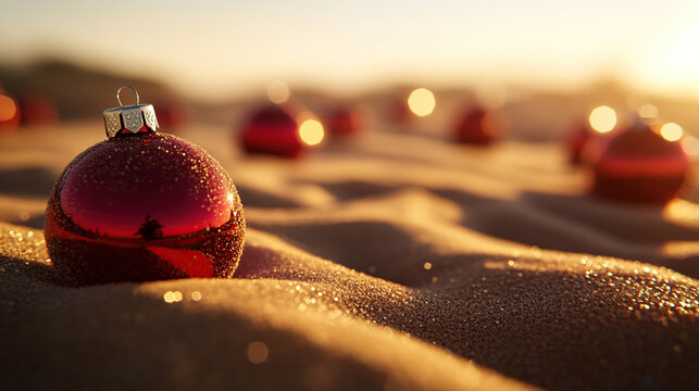 Red Christmas Baubles on Desert Sand Dunes at Sunset Background