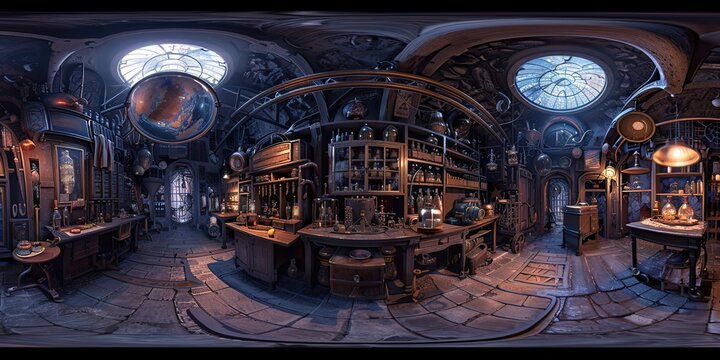 Fictional 360 equirectangular fantasy alchemy laboratory interior