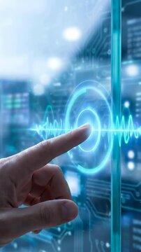 Futuristic tech interface glowing with blue vibes and hand interacting on digital soundwave controls featuring immersive waveform elements