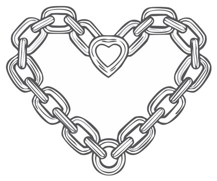 Metal chain in a heart shape with a locket. Black and white vector love symbol illustration.