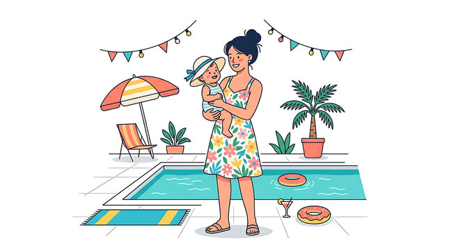 Summer vacation, woman holding baby, poolside illustration, colorful floral dress