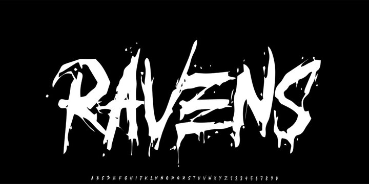 Ravens aggressive brush font with rough texture and bold dry stroke style for sport movie poster branding logo