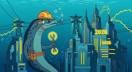 Obraz premium Cartoon eel in hard hat and tool belt repairs underwater city, connected by power lines with future date