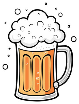 Cartoon mug of beer with foamy head and bubbles, cheerful beverage illustration.