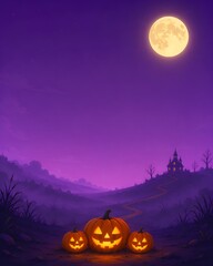 Fototapeta premium Clean Halloween background with pumpkins under full moon. Soft purple valley creates a calm spooky seasonal setting. Small haunted house appears in the distant hills.