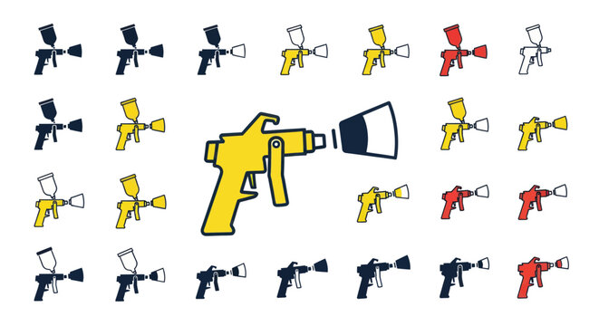 Spray Gun Collection: Yellow, Black, Red, White Icons on White Background