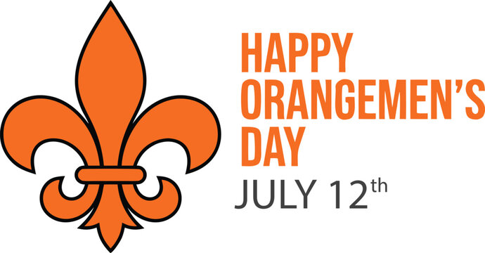 Orange fleur de lis symbol next to bold orange text reading happy orangemens day and grey text july 12th on a white background for a holiday celebration
