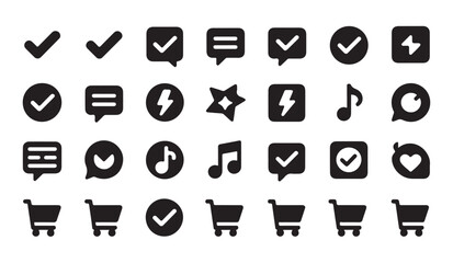 Fototapeta premium Simple icons check mark chat bubble lightning bolt music note shopping cart.