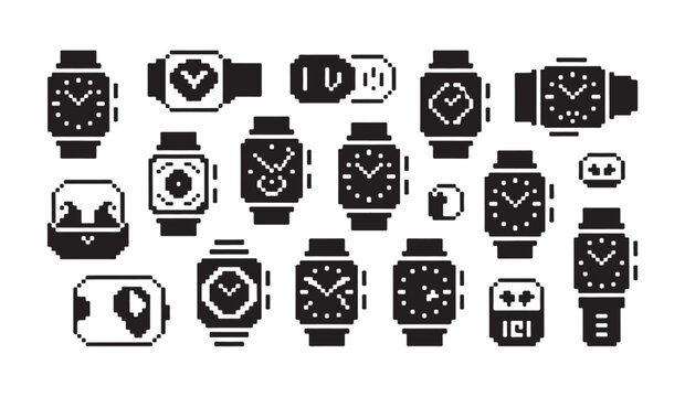 Collection of pixel art smartwatches, classic timepieces, and digital display icons.