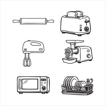 minimalist vector icons of essential kitchen appliances including rolling pin, toaster, hand mixer, meat grinder, microwave, and dish rack. ideal for culinary, restaurant, and household design project