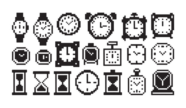 Variety of pixel art clocks and timekeeping devices. retro 8-bit watch icons collection.