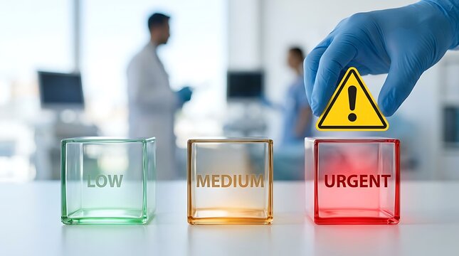 Hand in blue glove places warning sign above red 'URGENT' cube, signifying critical priority in medical or laboratory setting with other levels visible.