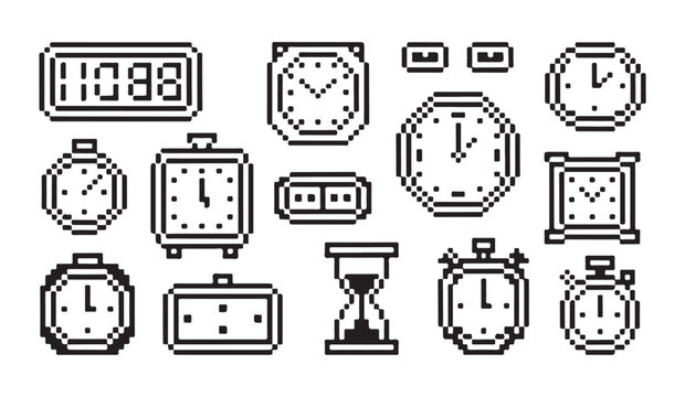 Pixel art collection of various clocks and timers. retro timekeeping device icons set.