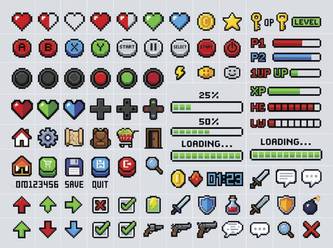 Collection of Pixel Art Game Icons and UI Elements.