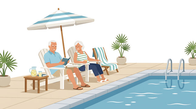 Elderly couple relaxing, poolside, summer vacation, outdoor leisure