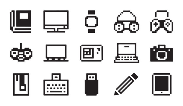 Collection of pixelated technology icons for digital interfaces and retro gaming.