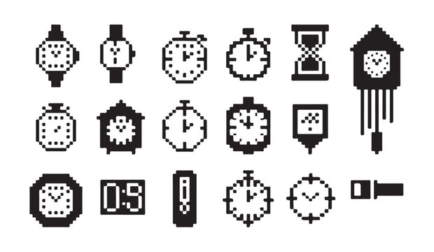 Variety of pixel art clocks, timepieces, and hourglass for retro digital design.